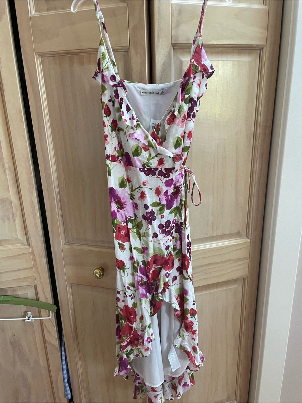 Abercrombie & Fitch White Floral High-Low Wrap Dress in Pink & Green
